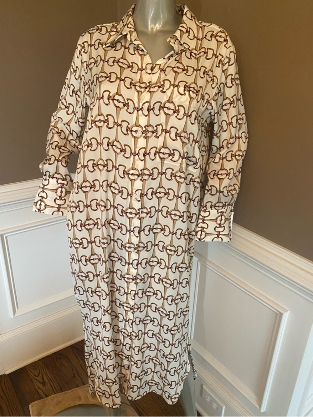 NWT Banana Republic Classic Cream Chain-Print Button-Front Midi Shirt Dress PM